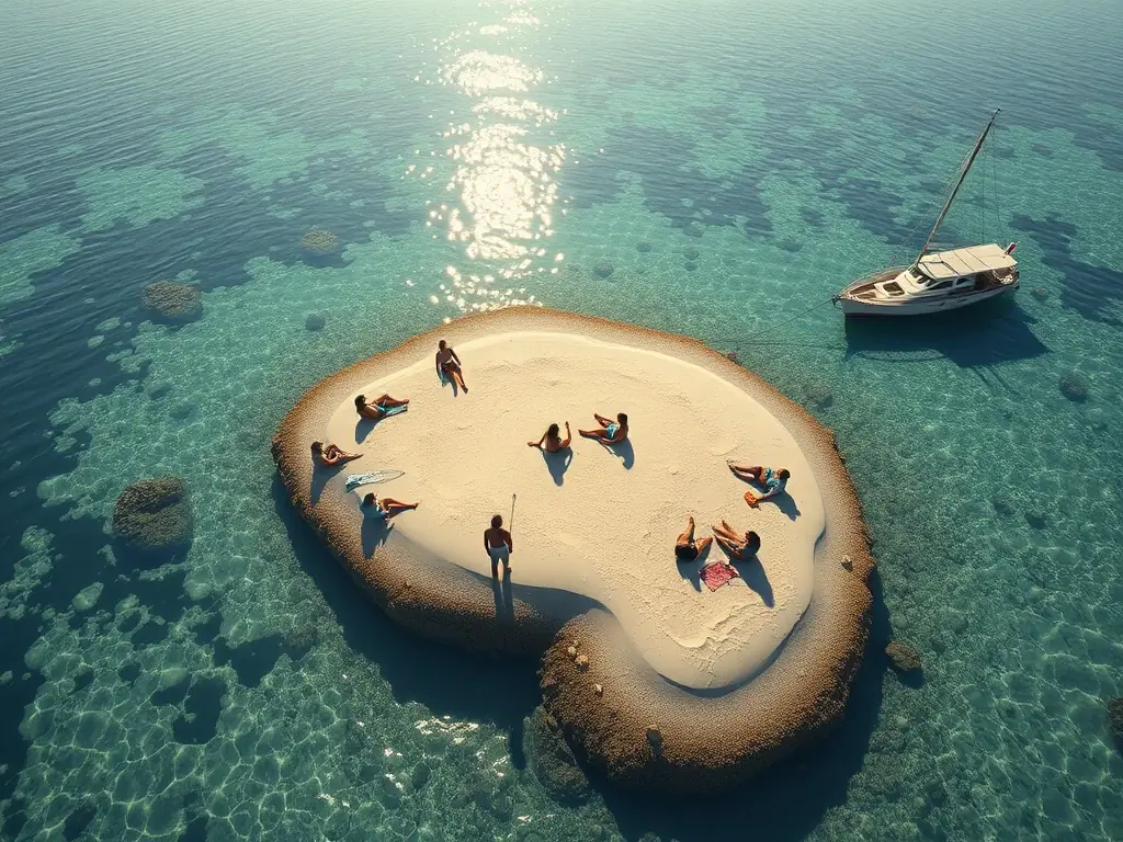 A group of people enjoying a sunny day on a sandbar in Miami, with clear shallow waters and a boat anchored nearby. The scene captures the fun and relaxation of a sandbar excursion.