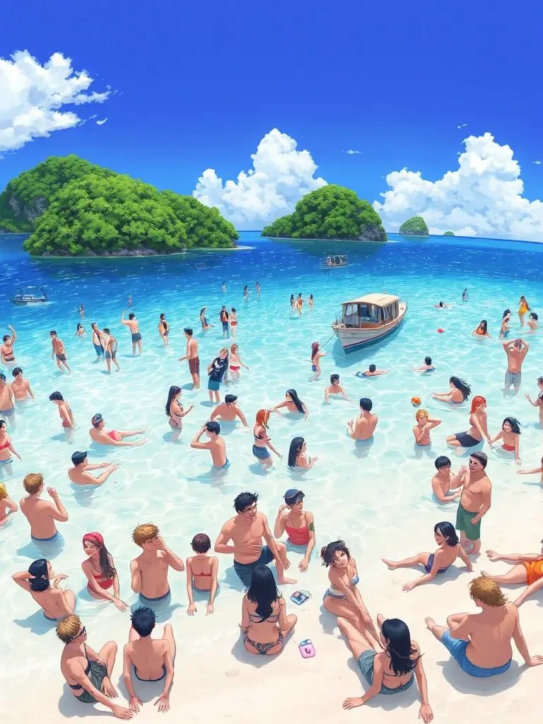 A lively scene of people swimming and relaxing at a sandbar near one of the islands, with clear shallow waters and a boat anchored nearby. The image captures the fun and social atmosphere of a sandbar excursion.