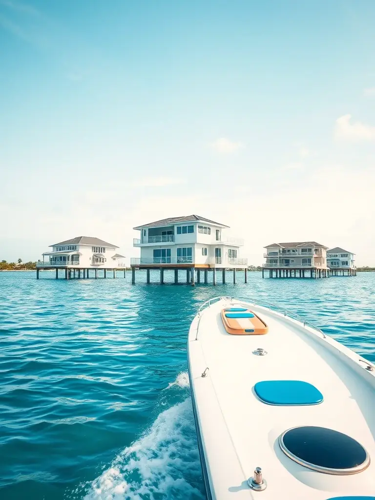 A captivating photo of a boat approaching the iconic Stiltsville houses in Biscayne Bay, Miami, with the clear blue water and sky creating a serene backdrop.