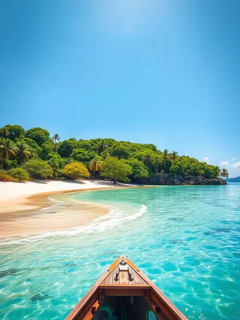 A vibrant image showcasing a boat approaching a pristine beach on Raccoon Island, with clear turquoise waters and lush greenery in the background. The scene captures the essence of a secluded island getaway.