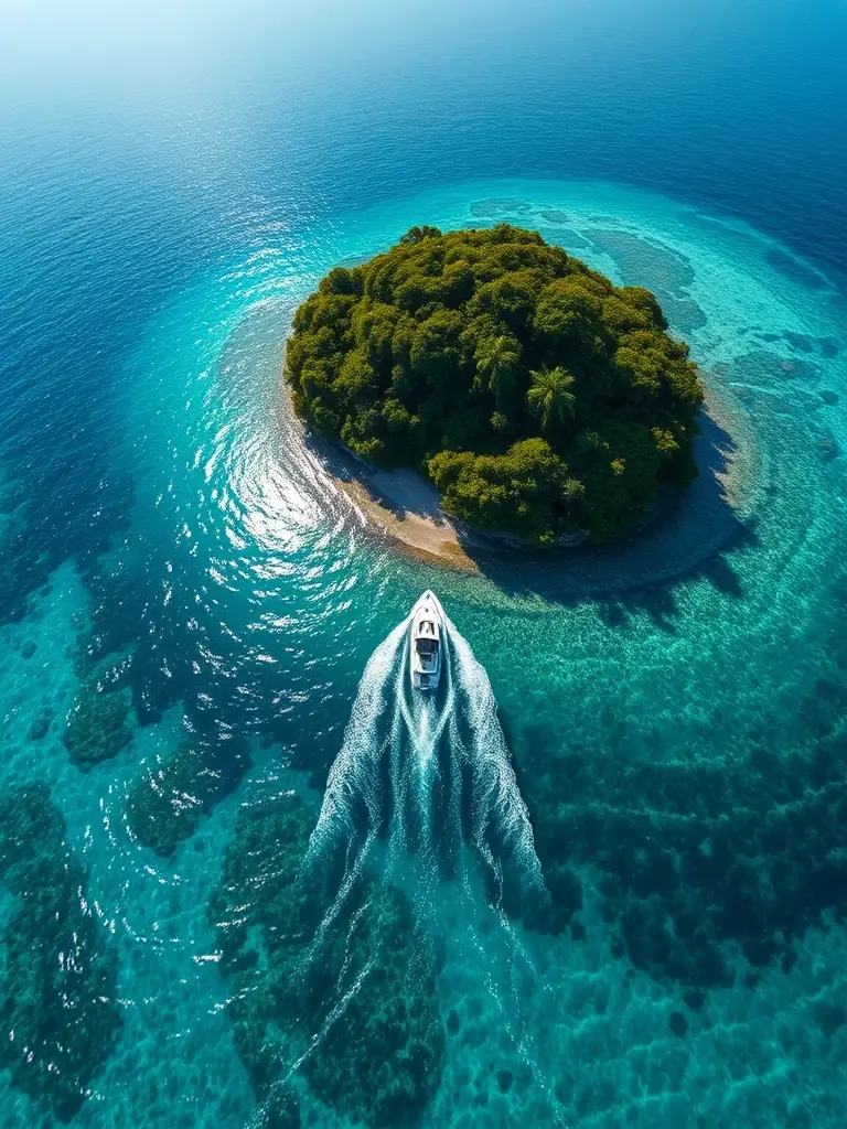 An aerial shot of a boat navigating through the clear waters around a small, uninhabited island, showcasing the natural beauty and serenity of the island hopping experience.
