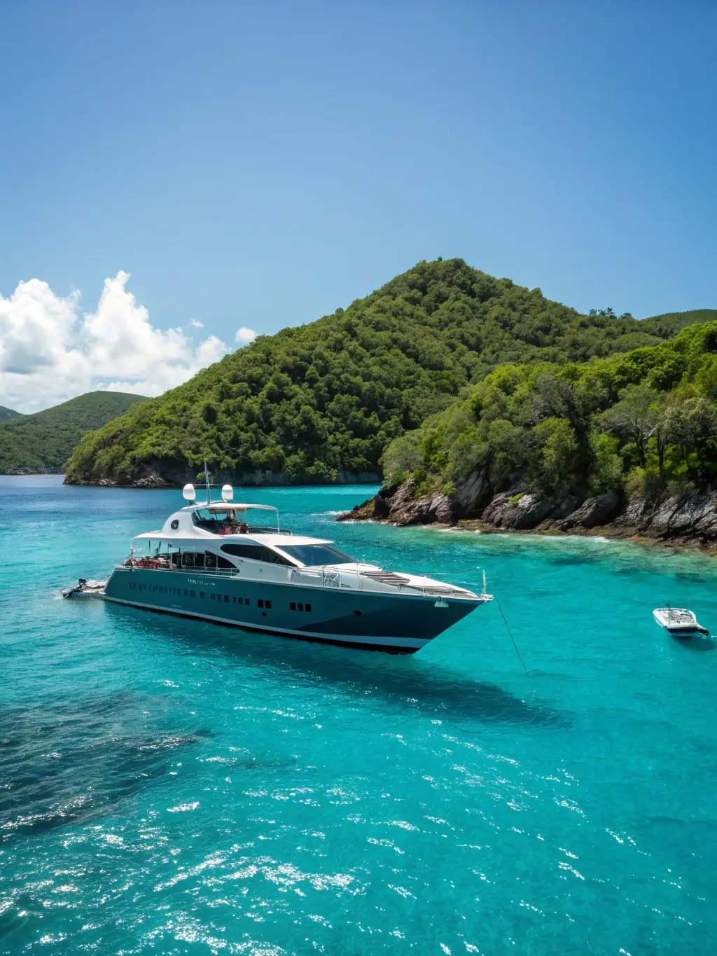 A vibrant image of a boat anchored near a secluded beach on one of Miami's barrier islands, with clear turquoise waters and lush greenery, inviting relaxation and exploration.
