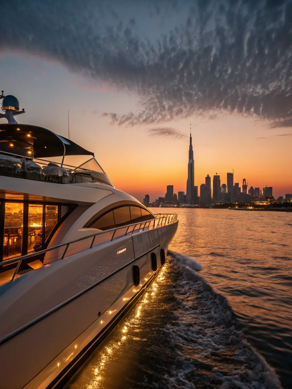 A luxurious yacht with a spacious deck, plush seating, and modern amenities, sailing in the crystal-clear waters of Miami, showcasing the ultimate charter experience.