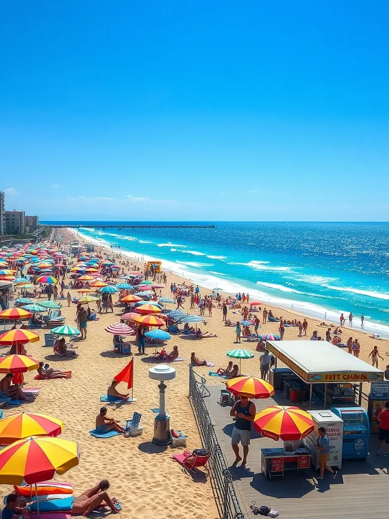 A photograph capturing the vibrant atmosphere of Haulover Sandbar in Miami, with numerous boats anchored and people enjoying the shallow waters, swimming, and socializing under a sunny sky.