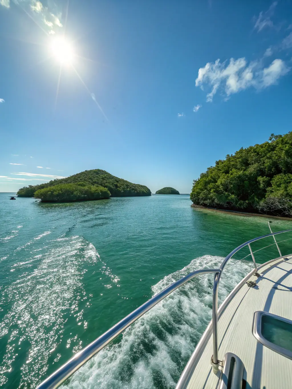 A picturesque view of a boat sailing near Sunny Isles Beach, with its iconic skyline and clear blue waters. The image highlights the vibrant coastal scenery and the luxury of a boat charter experience.